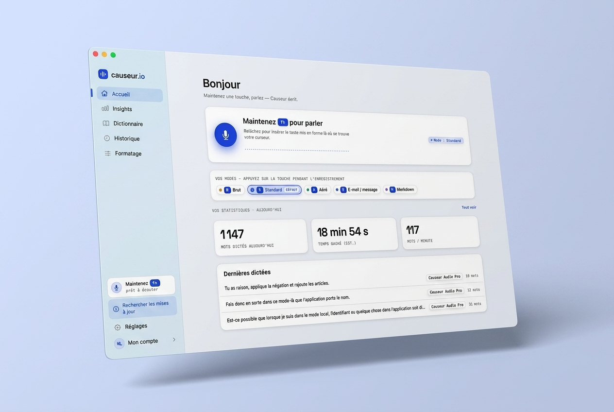 L'application Causeur.io : statistiques de dictée du jour et historique des dernières dictées.